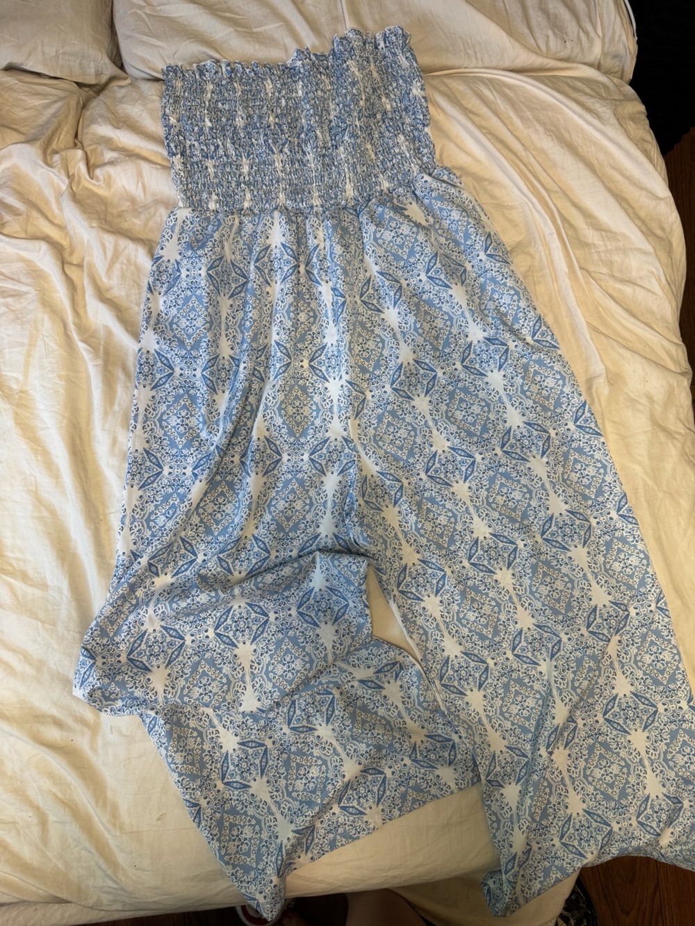 Blue & White Printed Women's strapless wide leg jumpsuit